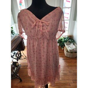 Pink Floral Babydoll Milkmaid Mini Dress  1X Coquette Cottagecore Valentine Boho